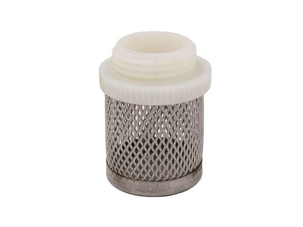 Saugkorb aus Kunststoff und Edelstahl mit Gewindeanschluss für Pumpen.