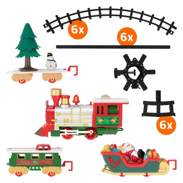 Weihnachtszug Set mit Lokomotive, Waggons, Schlitten, Schienen und Baum, festliche Dekoration für den Weihnachtsbaum