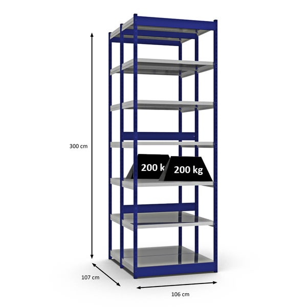PROREGAL Fachbodenregal Stecksystem Vierkant-Profil Grundregal HxBxT 300 x 102,5 x 50 cm 2x7 Ebenen Doppelseitige Bauart Fachlast 200 kg Enzianblau
