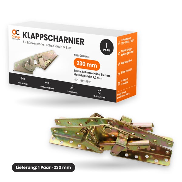 Ein Paar verzinkte Stahl Klappscharniere für Sofas und Betten mit 230 Millimeter Länge und 3 einstellbaren Positionen von 107 bis 180 Grad.