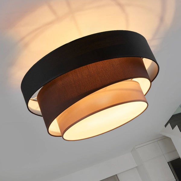 Lindby Textil Deckenleuchte rund 3 flammig, Ringe Deckenlampe Stoff Schwarz Braun Grau 3x E27 max. 60W ohne Leuchtmittel Schlafzimmerleuchte
