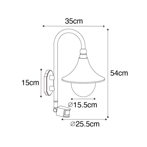 Technische Zeichnung einer Außenwandleuchte mit Bewegungsmelder, Maße: Höhe 54 Zentimeter, Breite 35 Zentimeter, Schirmdurchmesser 25,5 Zentimeter.