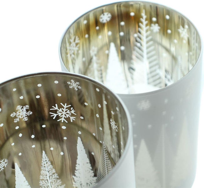 Dekoleidenschaft 2x Windlicht Winterlandschaft aus Glas, weiß / silber, 12 + 15 cm hoch, Glaswindlicht, Teelichtgläser, Winterdeko, Deko Wohnzimmer