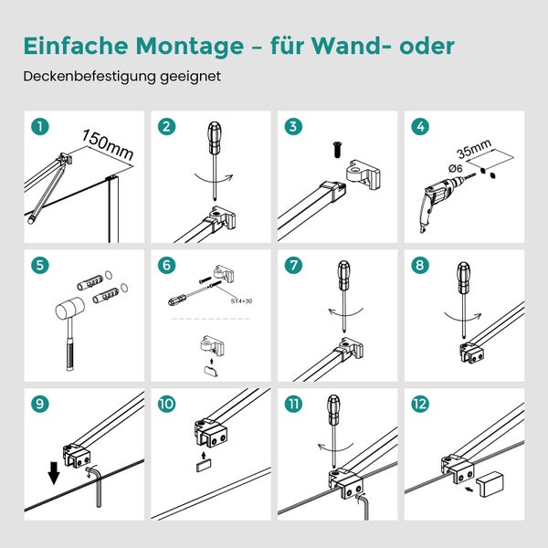 Illustrierte Montageanleitung in zwölf Schritten für die Wandbefestigung oder Deckenbefestigung einer Stabilisationsstange an einer Glaswand.