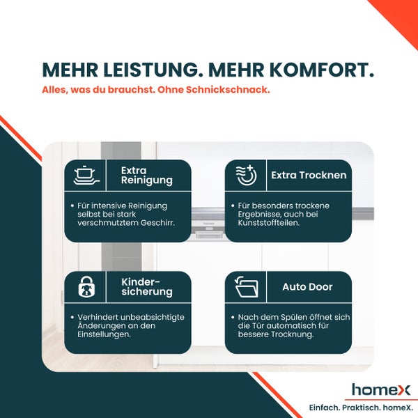 Homex Geschirrspüler mit Funktionen wie Intensivreinigung, Kindersicherung und automatischer Türöffnung für verbesserte Trocknung
