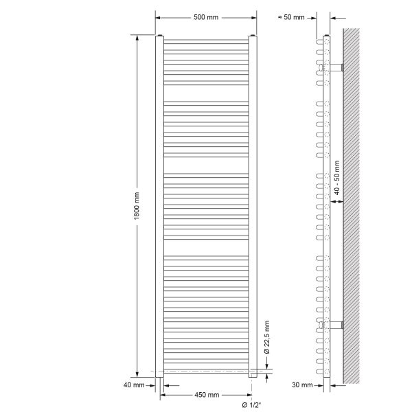 ECD Germany Badheizkörper Elektrisch mit Heizstab 900W Große Leistung - 500 x 1800 mm - Weiß - gebogen mit Seitenanschluss - Heizkörper Handtuchwärmer Handtuchtrockner