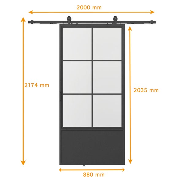 Loftschiebetür Komplettset aus Stahl in schwarz mit Glaseinsatz -  880x2035mm