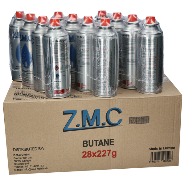 ZMC 28x Butan Gaskartuschen 227g mit Ventil Typ MSF-1a, Universal Butangas Kartuschen mit Bajonett Anschluss Gaskartusche für Campingkocher, Unkrautbrenner, Lötbrenner