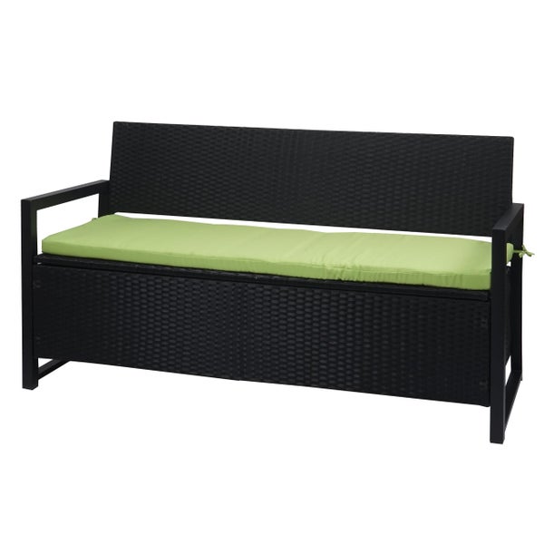 Gartenbank aus Polyrattan in Schwarz mit grüner Sitzauflage und integrierter Truhe.