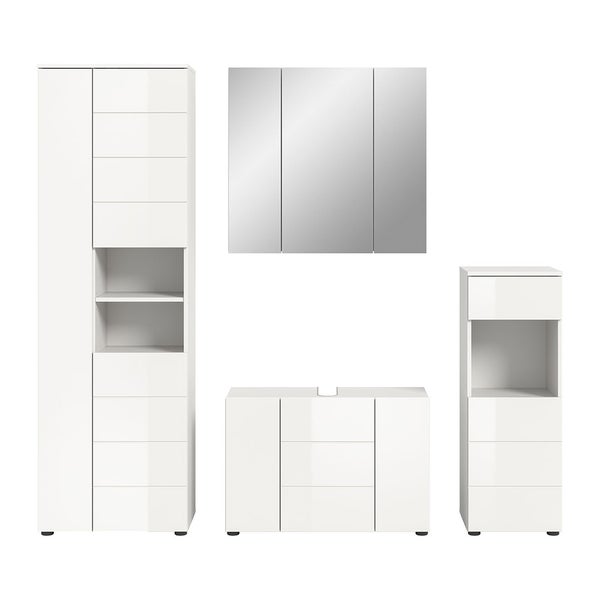 Badezimmerensemble mit Hochschrank, Spiegelschrank und Waschtischunterschrank in einem hellen und organisierten Badezimmer