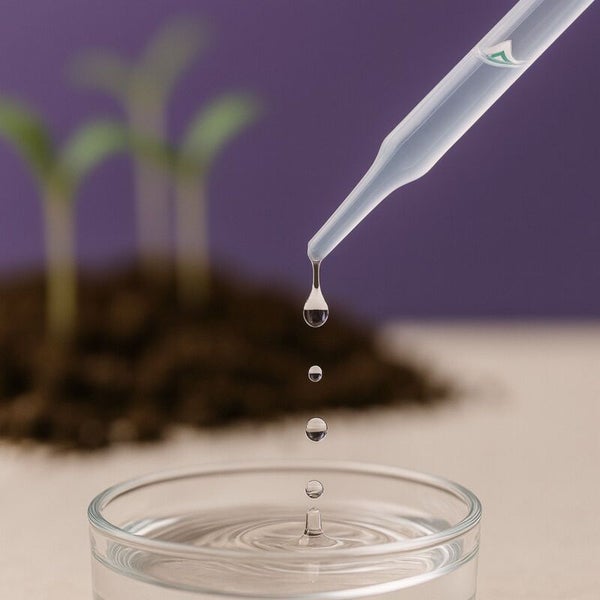 Tropfen fallen aus einer Pipette in eine Glasschale vor Pflanzen