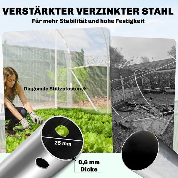 Gewächshaus mit Gestell aus verstärktem verzinktem Stahl, 25 Millimeter Durchmesser, 0,6 Millimeter Dicke und diagonalen Stützpfosten für Stabilität.