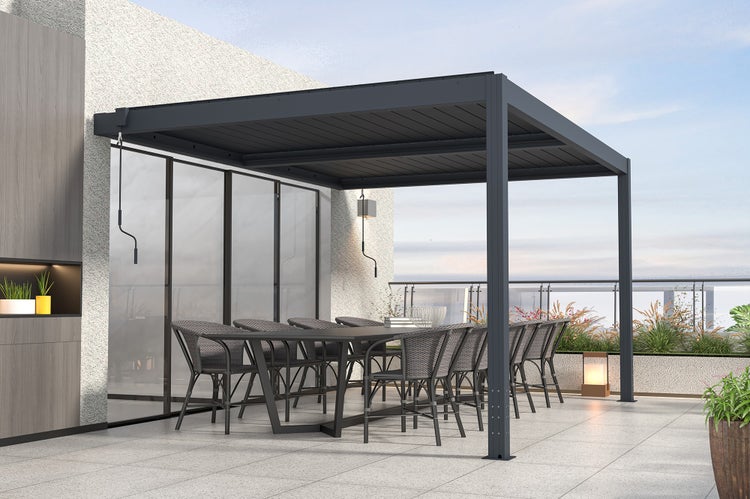 Pergola Aluminium Lamellendach SANTA B395 x T200 x H223 cm (Wandmontage), Aluminiumpfosten 10 x 10 cm, Anthrazitgrau