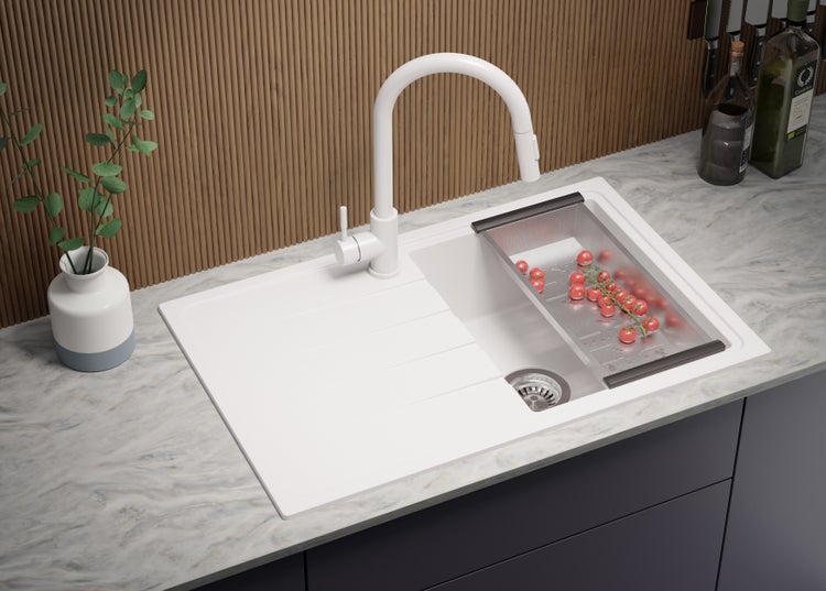 PRIMAGRAN Spülbecken Weiß 78x50cm, Granitspüle 1 Becken + Ablauf-Set, Küchenspüle ab 45er Unterschrank - Mailand
