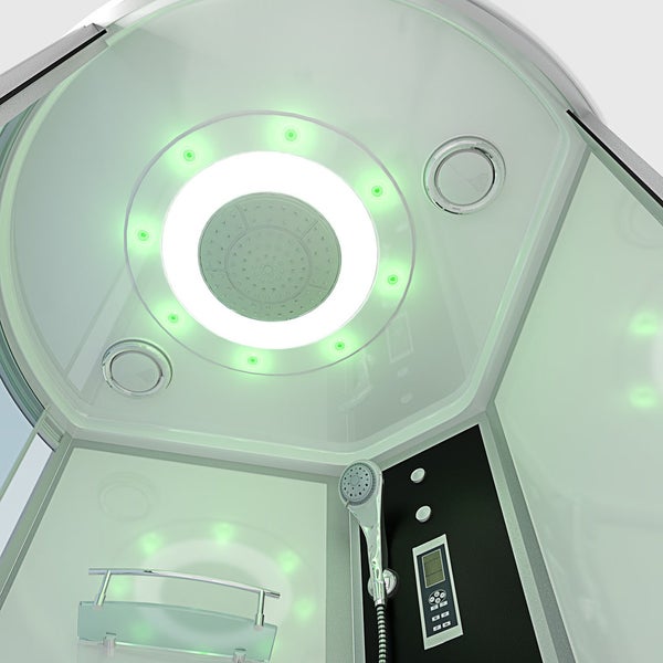 Kombinierte Dusch-Badewanne mit geschwungener Glasfront, integrierten Massagedüsen, Kopfbrause und schwarzer Nackenstütze in hellem Badezimmer.