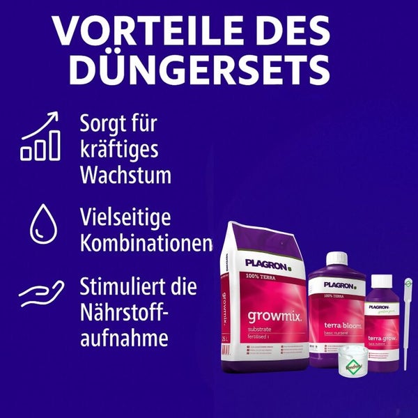 Plagron Düngerset mit Growmix Substrat, Terra Bloom und Terra Grow Dünger. Vorteile: kräftiges Wachstum, vielseitige Kombinationen, Nährstoffaufnahme.