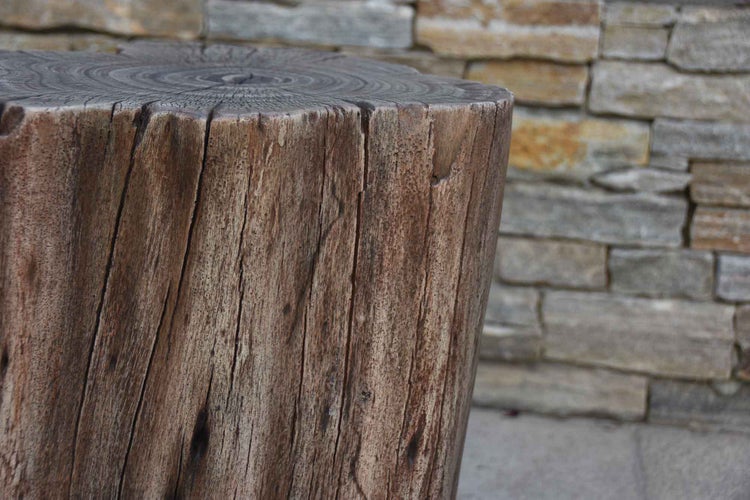 Hocker aus natürlichem Baumstumpf mit sichtbaren Jahresringen und rustikaler Holzstruktur vor einer Steinmauer.