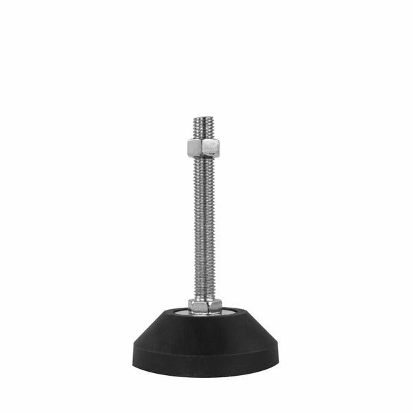 Verstellbarer Möbelfuß mit Gewindestange aus Metall und schwarzem Kunststoffteller.