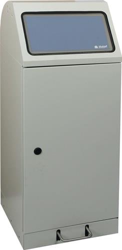 Industrie-Arbeitsplatzschrank Stumpf mit geneigtem Monitorfenster, abschließbarer Tür und Auszugsboden.