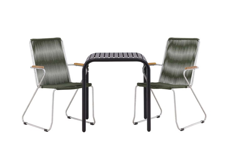 Borneo Gartenset Tisch, 2 Stühle  schwarz,grün. 70 X 70 X 75 cm