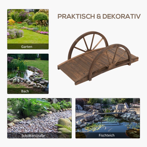 Outsunny Gartenbrücke aus Tannenholz, Holzbrücke mit Rad Design, Teichbrücke bis 150 kg belastbar, Zierbrücke Dekobrücke, Brücke für Garten Park Hinterhof 100 x 50 x 37 cm Verkohlt