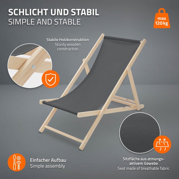 Liegestuhl aus hellem Holz mit dunkelgrauer, atmungsaktiver Stoffbespannung, klappbar, belastbar bis 120 Kilogramm, einfache Montage.