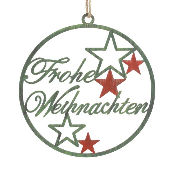 Kreisförmiger Weihnachtsschmuck mit der Aufschrift 'Frohe Weihnachten' und Sternen