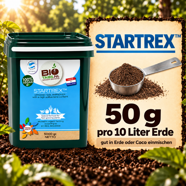 BioTabs Startrex organischer Bodenverbesserer im Eimer mit 5000 Gramm Inhalt und Dosierungshinweis.