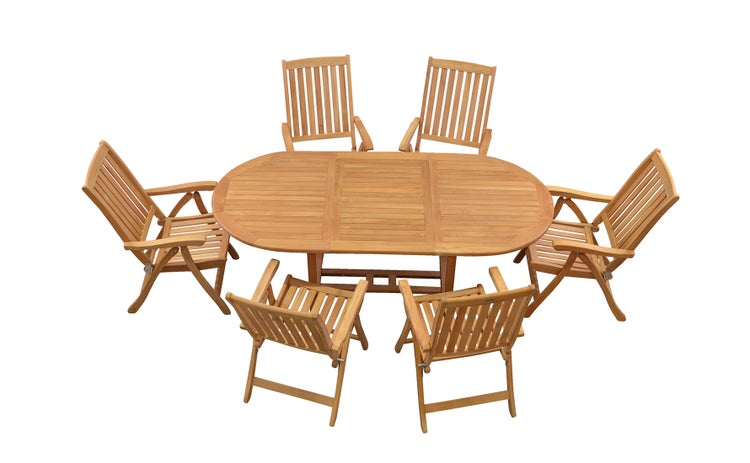Teak Sitzgruppe 6 Hochlehner klappbar 1 Tisch oval ausziehbar 150 x 100 cm im Set