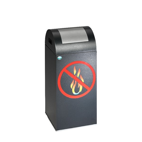 Metall-Abfallsammler mit Einwurföffnung, Symbol für Feuerverbot und VAR Logo.