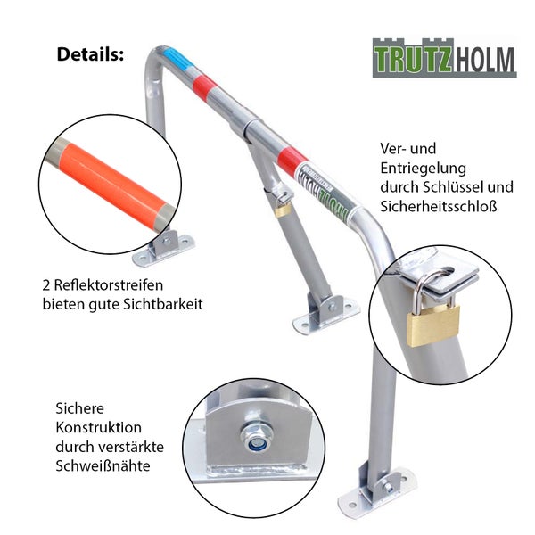 Details einer silberfarbenen Trutzholm Parkplatzsperre mit zwei Reflektorstreifen, verstärkten Schweißnähten und Schlüssel- sowie Sicherheitsschloss Verriegelung