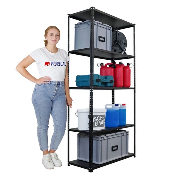 Schwarzes Metallregal mit fünf Ebenen und Lagerbehältern