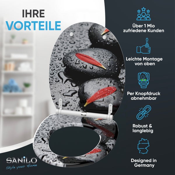 Sanilo WC-Sitz mit Stein-Motiv. Merkmale: einfache Montage von oben, per Knopfdruck abnehmbar, robust, in Deutschland entworfen. Sanilo Logo.