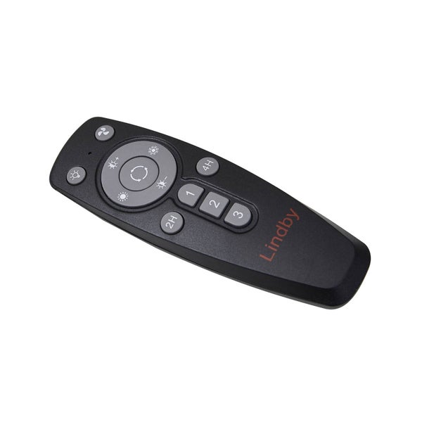 Fernbedienung für Deckenventilatoren mit Lindby Logo, Tasten für Lichtsteuerung, Geschwindigkeitsstufen eins bis drei und Timer-Funktion.