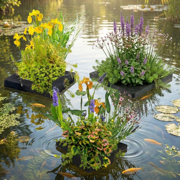 Drei schwimmende Pflanzeninseln mit Teichpflanzen wie Schwertlilien und blühenden Pflanzen auf einem Gartenteich mit Fischen.