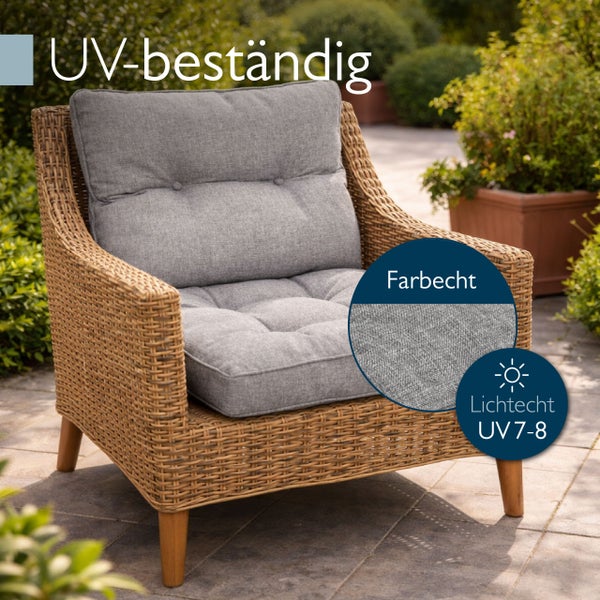 Lounge-Sessel für den Garten aus Geflecht mit Polstern, ultraviolettbeständig, farbecht und lichtecht Stufe 7 bis 8.