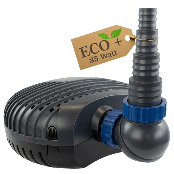 Energiesparende Teichpumpe mit 85 Watt Leistung, ECO plus Symbol für Energieeffizienz und abgestuftem Schlauchanschluss.
