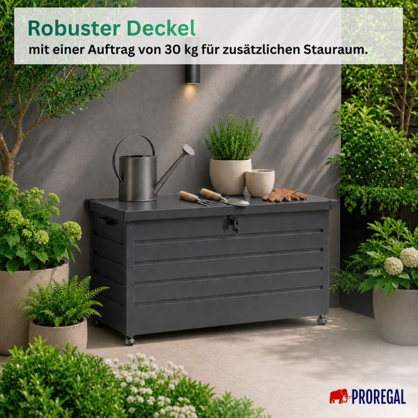 Metall-Gartenbox mit flachem Deckel, belastbar bis 30 Kilogramm, Stellfläche für Pflanzen und Werkzeug. PROREGAL Logo.
