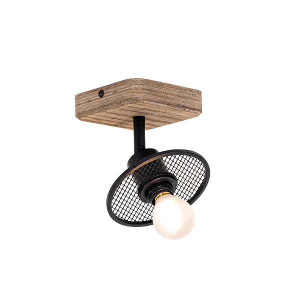 Deckenleuchte mit Holzsockel und Lampenschirm aus Metallgitter