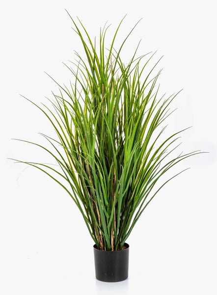 Künstliches Ziergras in Grün im schwarzen Kunststofftopf, pflegeleichte Kunstpflanze für den Innenbereich.