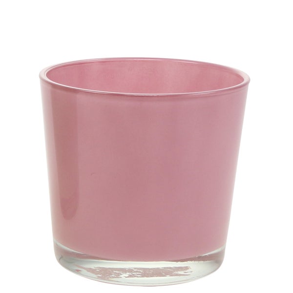 Runder Übertopf aus Glas in Rosa.