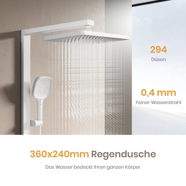 EMKE Duschsystem mit 2 Wasserabläufen, Duschkopf & Handbrause mit 3 Funktionen, modernes Design, 360*485*1120mm, weiß