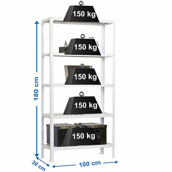 Weißes Metall-Schwerlastregal mit 5 Böden, 180 Zentimeter hoch, 100 Zentimeter breit, 30 Zentimeter tief, Tragkraft 150 Kilogramm pro Boden.