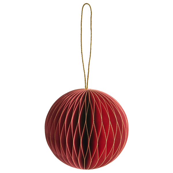 Weihnachtsanhänger aus Wabenpapier, rund, rot mit Goldrand, inklusive Aufhängeschlaufe.