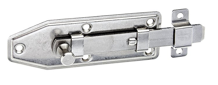 Ein metallischer Riegel für Türen und Tore mit Befestigungsplatte und Schiebebolzen.