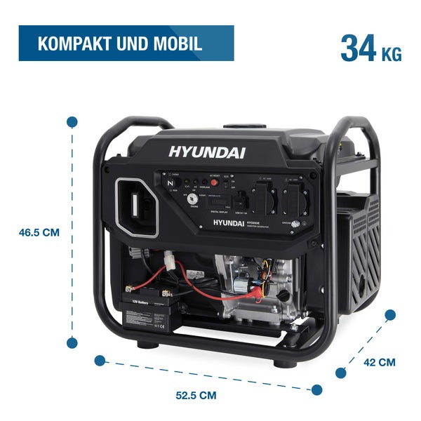 Mobiler Hyundai Inverter-Stromerzeuger HY5000iE, Gewicht 34 Kilogramm, Maße 52,5 mal 42 mal 46,5 Zentimeter, Hyundai Logo.