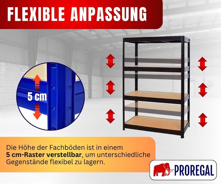 Schwerlastregal mit in 5 Zentimeter Schritten höhenverstellbaren Fachböden für flexible Lagerung. Proregal Logo.