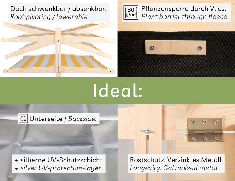 needs&wants® Sandkasten mit Abdeckung Dach Deckel Sitzbank und Boden, Sandkiste Holz quadratisch verschließbar UV-Sonnenschutz mit Bank Outdoor Garten für Kinder, Tanne gelb weiß braun