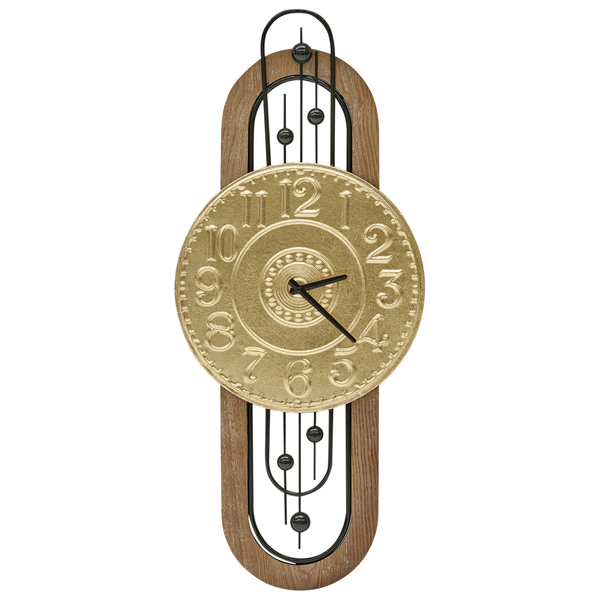 Wanduhr mit hölzernem Rahmen und goldenem Zifferblatt