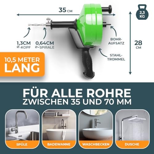 MEISTERFAKTUR Rohrreinigungsspirale [10M] - mit Bohraufsatz - Ideale Abflussspirale für eine umweltfreundliche Rohrreinigung - Die stabile Rohrspirale für echte Heimwerker! (10M - 0,64CM)